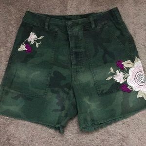 Free People Flower Embroidered Camo Shorts